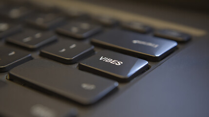 Close-up of a Laptop Keyboard with a "VIBES" Key, Illustrating Modern Digital Culture, Technology, Communication, and Online Trends