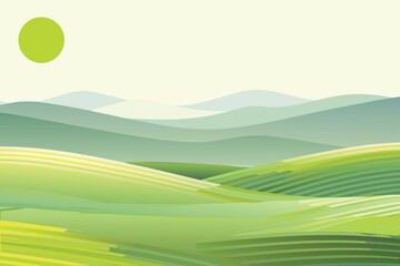 Obraz premium Rolling Green Hills Landscape with Sun Abstract Minimalist Style Vector