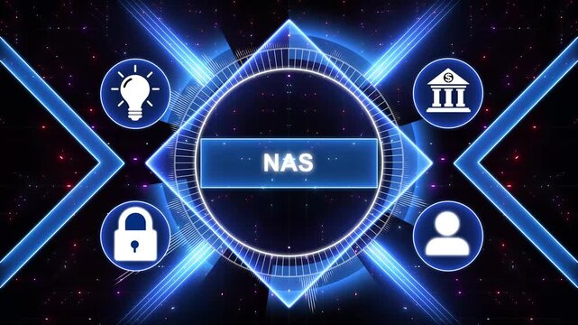 NAS, Network attached storage concept. Modern business technology interface with gears and digital network icons, 4K animation background.