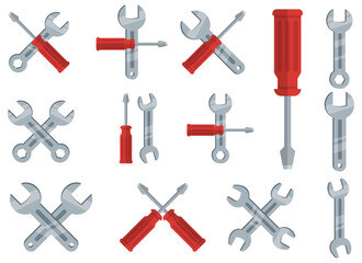 Obraz premium Illustration of hand tools including screwdrivers and wrenches on white backdrop.