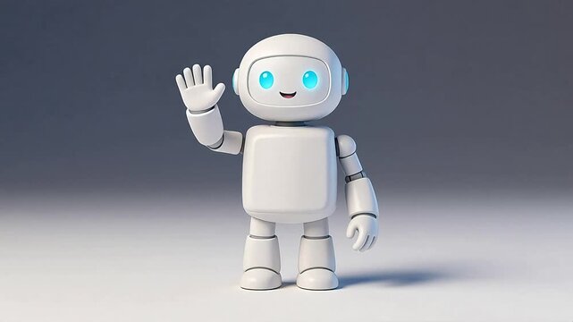 Friendly white robot waving hello with glowing blue eyes, 3D render on white background &mdash; AI assistant, future tech, and human-robot interaction concept