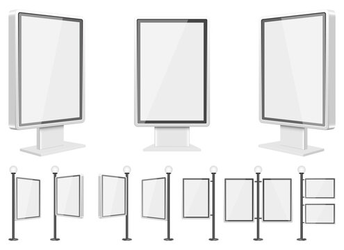 Various styles of blank advertising displays for promotional content on stands