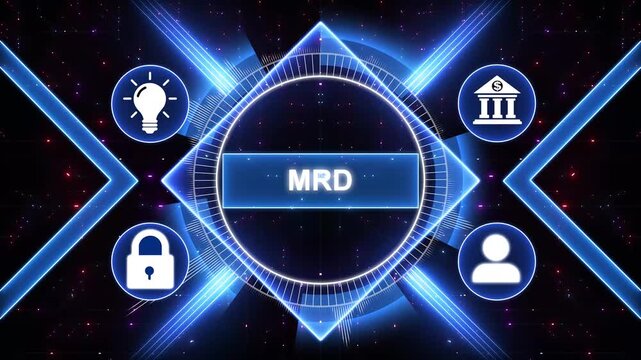 Digital marketing strategy concept with MRD acronym, Modern business technology interface with gears and digital network icons, 4K animation background.