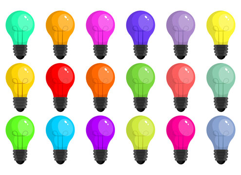 Collection of colorful cartoon light bulbs on a white background.