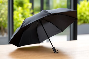 Elegant Black Umbrella Folded and Placed on Wooden Table Indoors for Stylish Protection