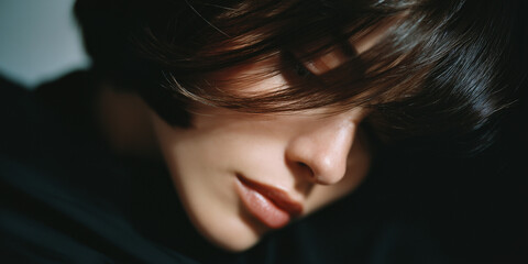 Fototapeta premium A portrait of a person with a serene expression and partially obscured by hair. The soft lighting emphasizes the subject's delicate features, creating an atmosphere of introspection