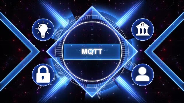MQTT, Message Queuing Telemetry Transport concept. Modern business technology interface with gears and digital network icons, 4K animation background.