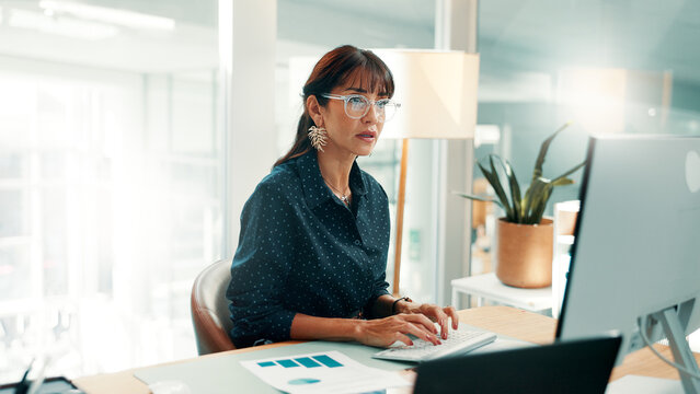 Business, finance and woman on computer for research, investment and online proposal for report. Corporate, documents and person on tech for financial review, budget planning and strategy with graph