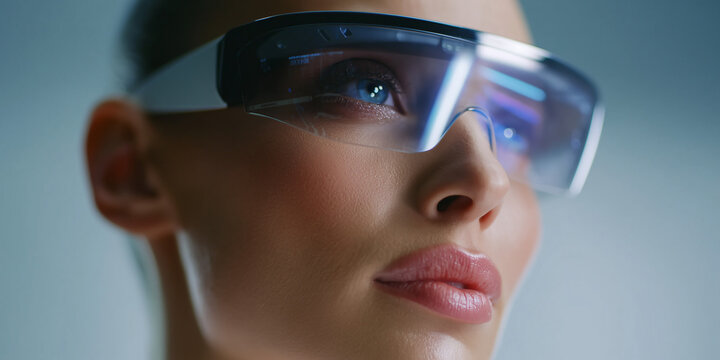 A person wearing futuristic smart glasses, gazing into the distance. The glasses have a sleek design and reflect a digital interface