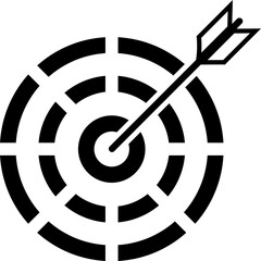 Black and white target with arrow hitting bullseye isolated on transparent background