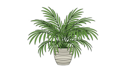 Obraz premium Detailed illustration of a lush green indoor palm plant situated in a decorative white pot with black horizontal stripes.