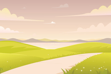 Fototapeta premium Scenic Countryside Path Winding Through Green Hills Towards a Lake Under a Pastel Sky