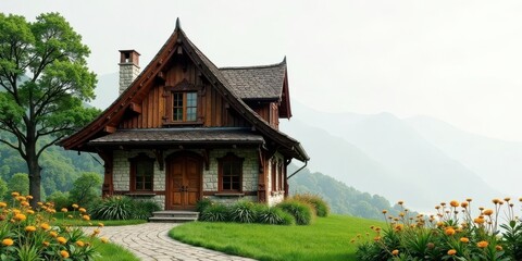 Obraz premium A Picturesque Stone and Wood Cottage Nestled Amidst Lush Greenery on a Hillside, Overlooking Serene Misty Mountains