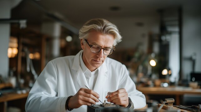 Apprentice watchmaker learning to adjust hairspring tension under master's guidance in traditional atelier, loupes and specialized pliers used for delicate work, ideal for skill transmission,
