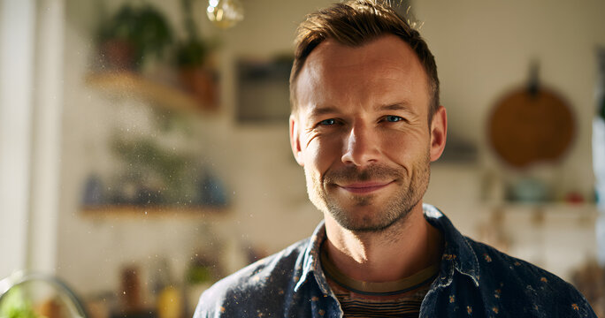 A picture of a man who is confident and smiling in the kitchen for a day off, free time, or a weekend break. A positive attitude, morning peace, or a person who is happy at home, on a staycation, or i