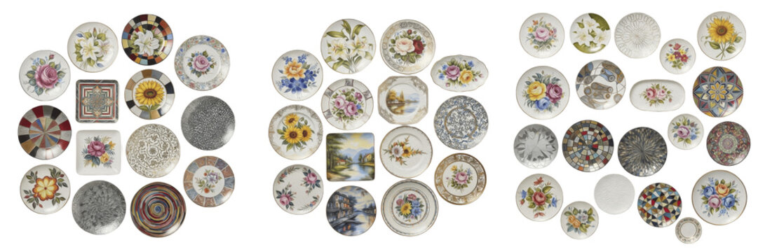 Collection of decorative ceramic plates with colorful floral patterns