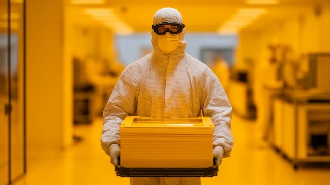 Cleanroom worker transporting silicon wafers in specialized carrier through semiconductor fabrication facility, yellow lighting protects photosensitive materials, perfect for chip manufacturing,