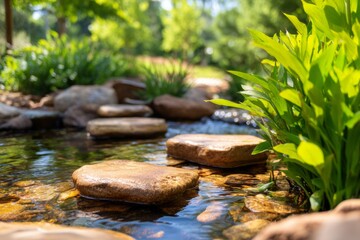 Tranquil Stream with Smooth Stones and Lush Greenery in a Serene Natural Setting