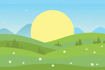 Fototapeta premium Sunny Landscape with Rolling Hills and Flowers Bright Daytime Scene Stylized Vector Illustration