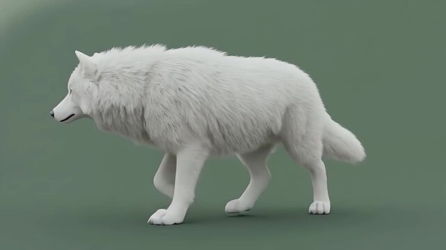 Majestic white wolf with bright blue eyes, standing on green screen background, wild animal for compositing.