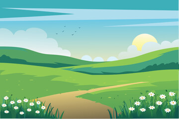 Obraz premium Sunny Meadow Landscape with Winding Path and Flowers Daytime