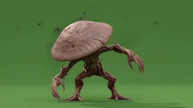 Creepy mushroom monster with root-like limbs and dark aura, fantasy forest creature on green screen.