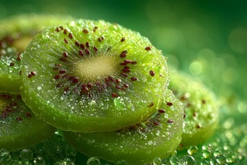Fototapeta premium Macro close-up of stacked kiwi slices with dew drops on vibrant green background, ideal for fresh fruit branding, healthy snacks, tropical cuisine, and wellness campaigns