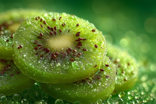 Macro close-up of stacked kiwi slices with dew drops on vibrant green background, ideal for fresh fruit branding, healthy snacks, tropical cuisine, and wellness campaigns