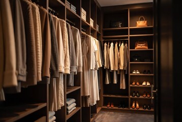 A luxurious walk-in closet filled with clothing and shoes.