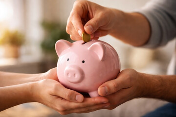Couple Saving Money Together with Pink Piggy Bank