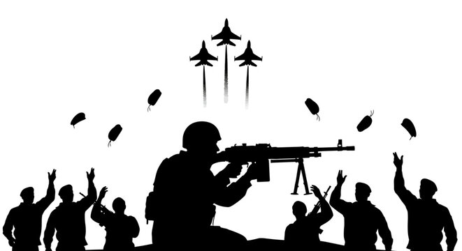 Military Paratroopers Landing with Fighter Jets Overhead, Soldier with Machine Gun