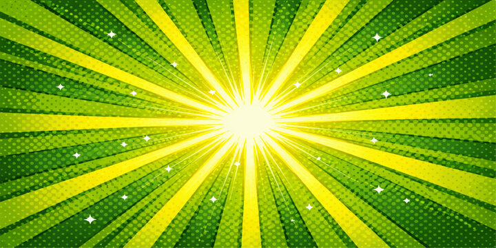 Abstract green vector background featuring a bright sunburst pattern with yellow and orange rays in a starburst explosion design for a vibrant art wallpaper backdrop