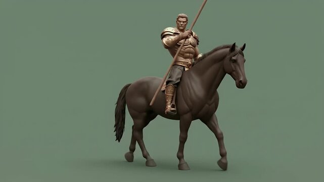 Powerful warrior in golden armor riding a majestic horse, holding a spear, isolated on green screen for epic battle scenes.