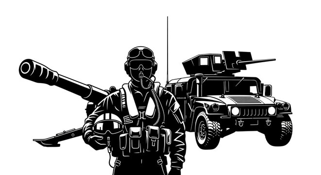 Military Pilot with Cannon and Humvee - Soldier, Weapon, Vehicle, Combat, Power