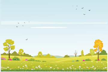 Vibrant Meadow Landscape with Trees Flowers and Birds in Blue SkyStock Illustration