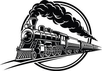 Classic steam locomotive train, black and white silhouette, vintage railway artwork, smoke billowing engine, passenger cars, circular frame retro design © Anonto