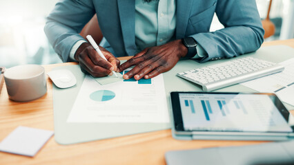 Hands, writing and sticky note with graphs at office for review, insight and report at investment...