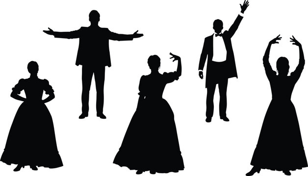 Elegant ballroom dance silhouettes, men in tuxedos and women in long gowns, dramatic poses, black vector illustration, vintage formal dance figures collection