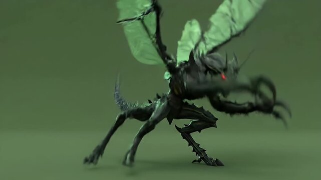 Giant praying mantis insect monster with green wings and glowing red eyes, alien creature on green screen for horror and sci-fi.