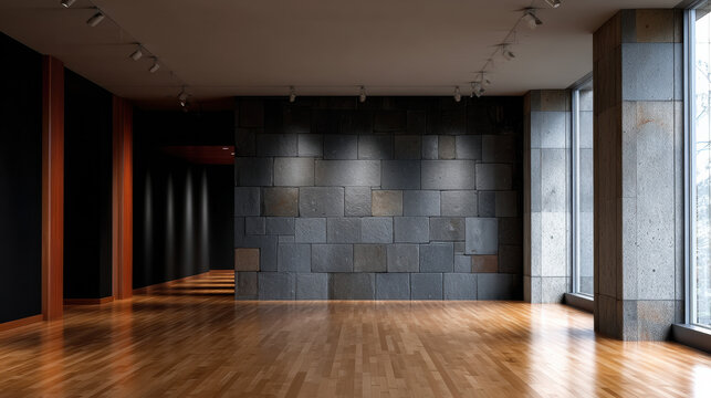 Modern empty museum gallery with dark stone wall, wooden floor, large windows, and track lighting, perfect for art exhibition display