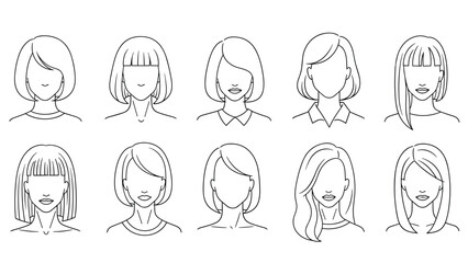 Fototapeta premium Set of ten simple black line outlines representing female faces with various modern and trendy hairstyles.