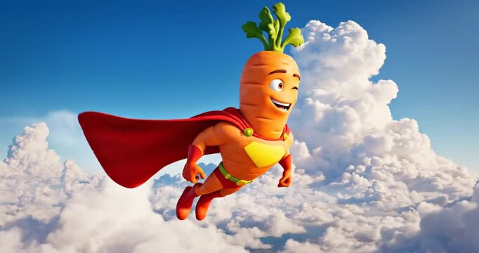 Cartoon carrot superhero flying high.