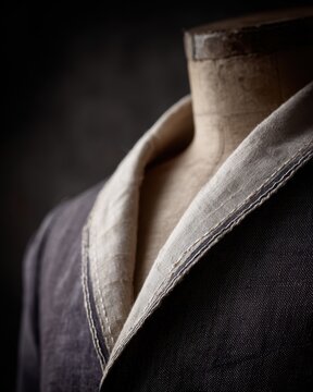 Antique tailor mannequin with a half-finished suit jacket, white basting stitches visible