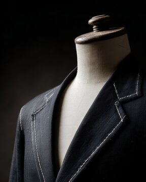 Antique tailor mannequin with a half-finished suit jacket, white basting stitches visible