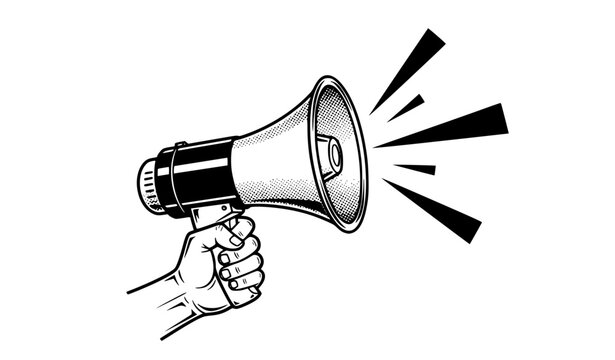 Hand holding megaphone loudspeaker vector illustration with sound announcement symbol for marketing promotion, public announcement, protest message and communication concept