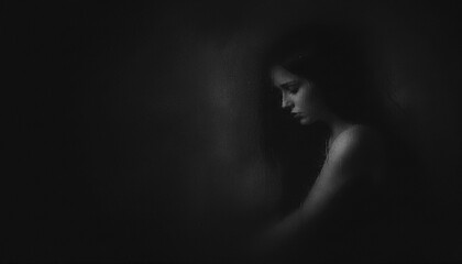 Obraz premium Portrait of a woman in darkness conveying depression, isolation and quiet sorrow, a faces of depression concept in moody black and white
