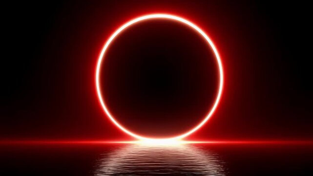 Red neon circle reflecting on dark water surface