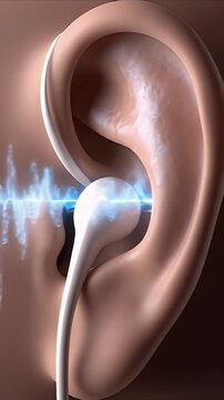 Detailed CGI Visualization of Human Ear Canal and Eardrum Vibration with Abstract Sound Waves and Earbud in Medical Education Background