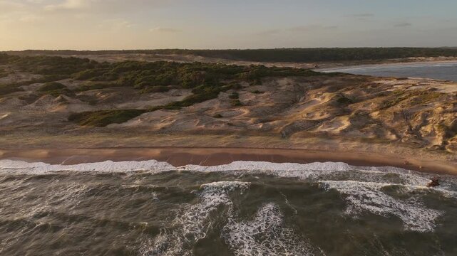 Panoramic drone footage of Playa del Barco beach and the Atlantic Ocean in Uruguay.