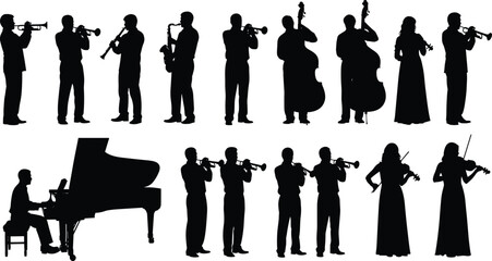 Jazz band silhouettes performing live music, musicians playing trumpet saxophone double bass piano violin, elegant ensemble concert performance group © Abu